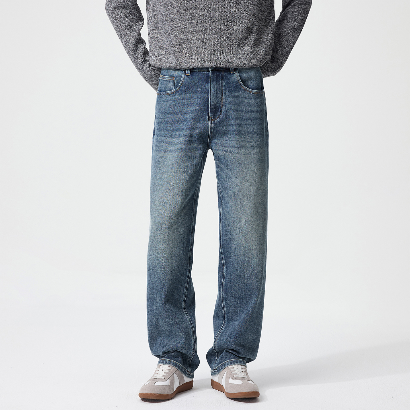 Jeans, washed straight-leg jeans, four-way stretch