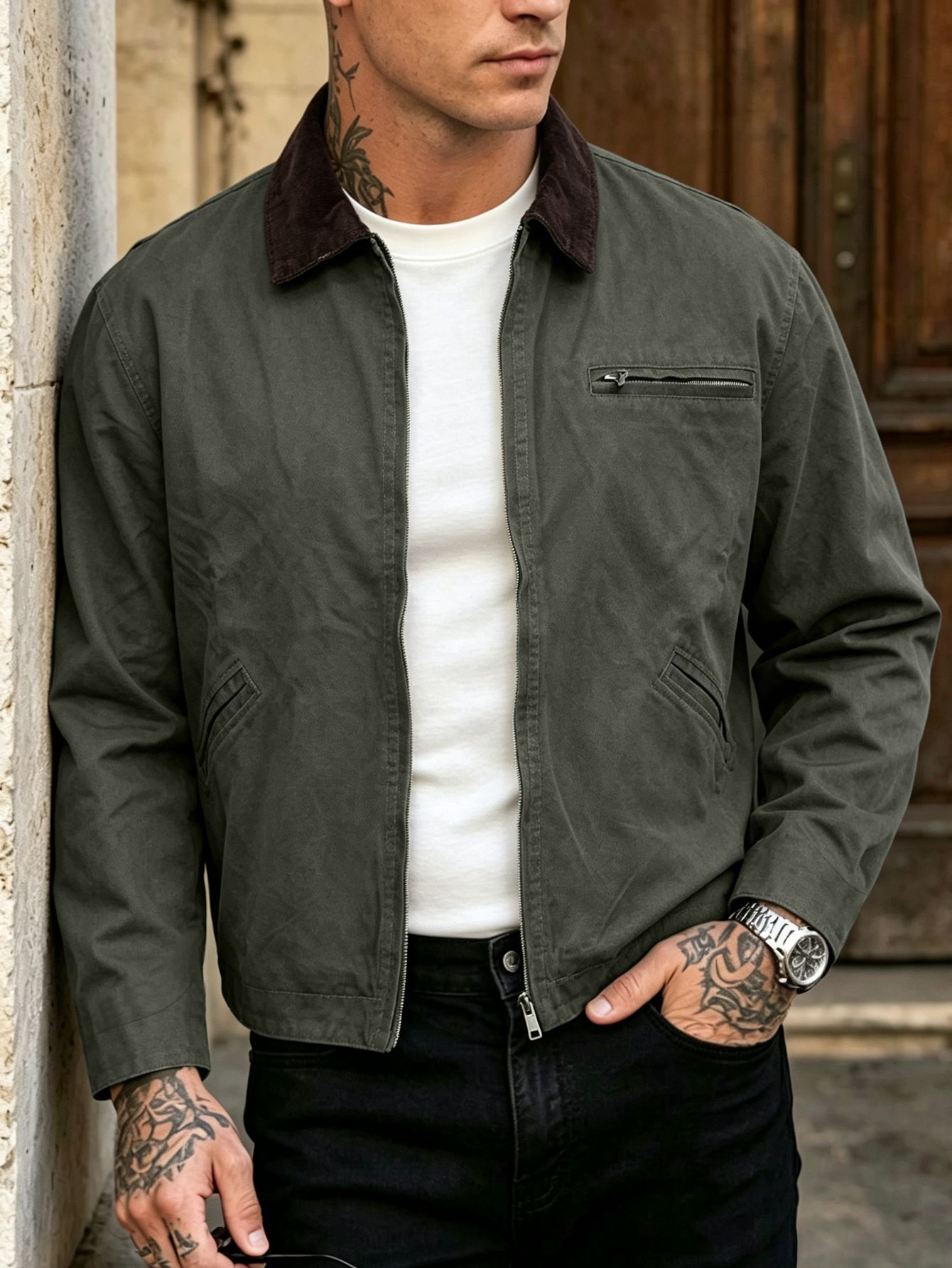 Jackets, washed cotton work jacket with a dark contrast collar