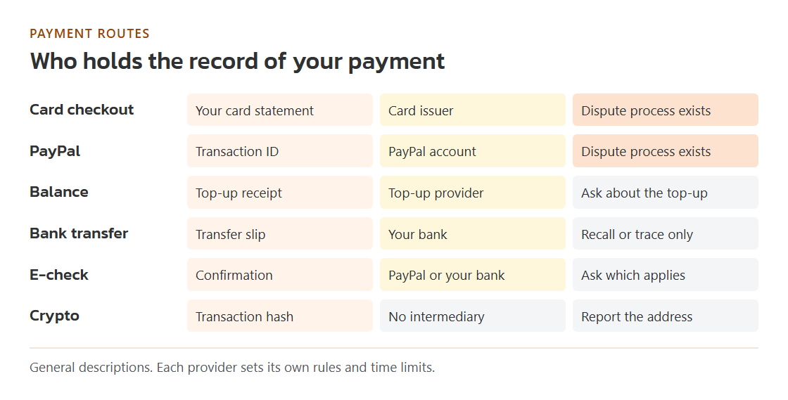 Six payment routes, from card checkout to cryptocurrency, each paired with the record it leaves and the party that holds it