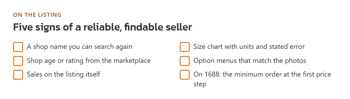 Annotated shop page showing shop name, rating, listing sales, size chart and option menu, each marked as a sign to check