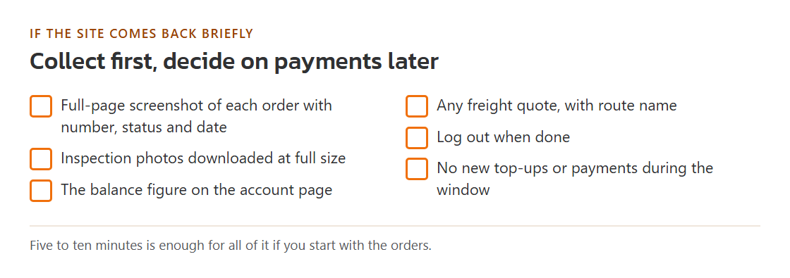 Checklist card for a brief site return: order screenshots, photo downloads, balance figure, log out; with a note to avoid new payments